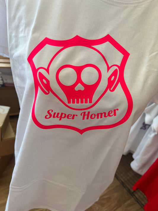 T-shirt BIANCA in cotone stampa "SUPER HOMER" ROSA FLUO