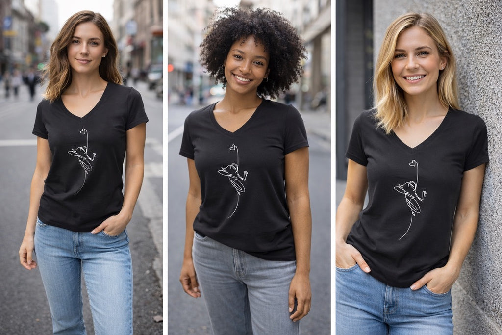 T-shirt NERA, scollo a V, Ettore cuoricino